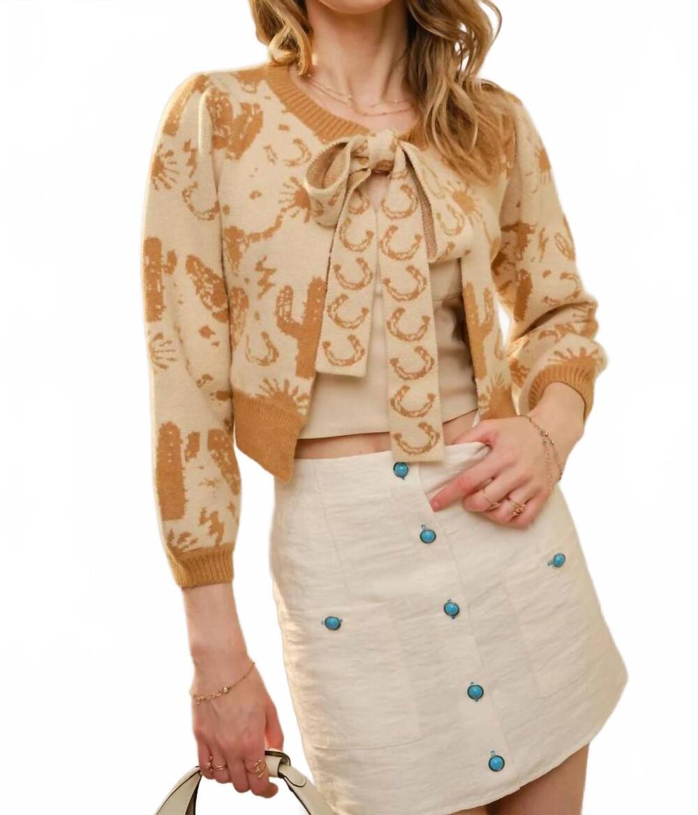 NEW BLUE B western motif tie front cardigan in beige